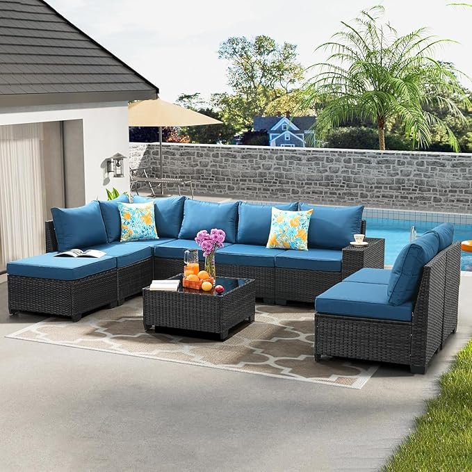 Jing's Villa 7-Piece Patio Furniture Set, All-Weather Outdoor Wicker Sectional Sofa with Cushions, Tempered Glass Table & Ottoman, Rattan Conversation Seating for Porch, Garden, Backyard,Peacock Blue