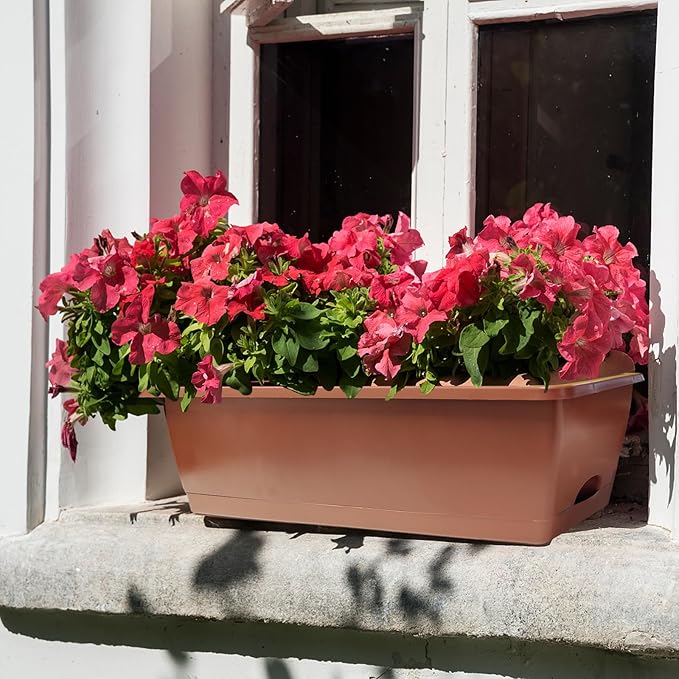QPEY Window Box Planter, 10 Pack 17 Inch Plastic Flower Box with Tray Rectangular Planters for Outdoor Indoor Plants Garden Home Decor (red)