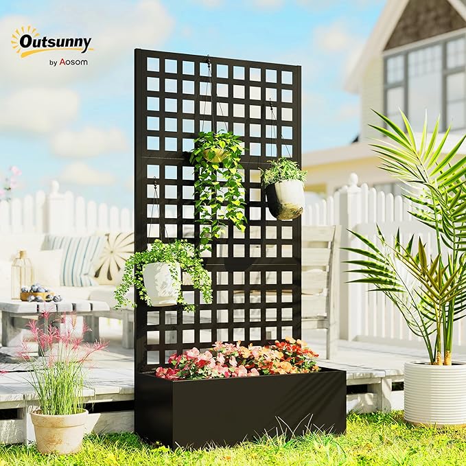 Outsunny Galvanized Raised Garden Bed with Trellis, Metal Planter Box with Drainage Holes, Outdoor Privacy Screen for Climbing Plants, Vegetable, Vines, 35" x 16" x 70", Black
