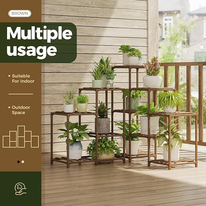 Bamworld Plant Stand Indoor Outdoor Corner Shelf 11 Potted Large Holder for Multiple Plants Wooden Tall Stands Combo Table Rack Garden Patio Lawn Window