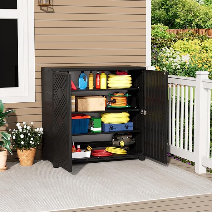 Outdoor/Indoor Storage Box,Resin and Plastic Storage Cabinet Waterproof,Outdoor Cabinet for Patio/Garden/Balcony/Backyard/All Room(with 3 Shelves)-Black