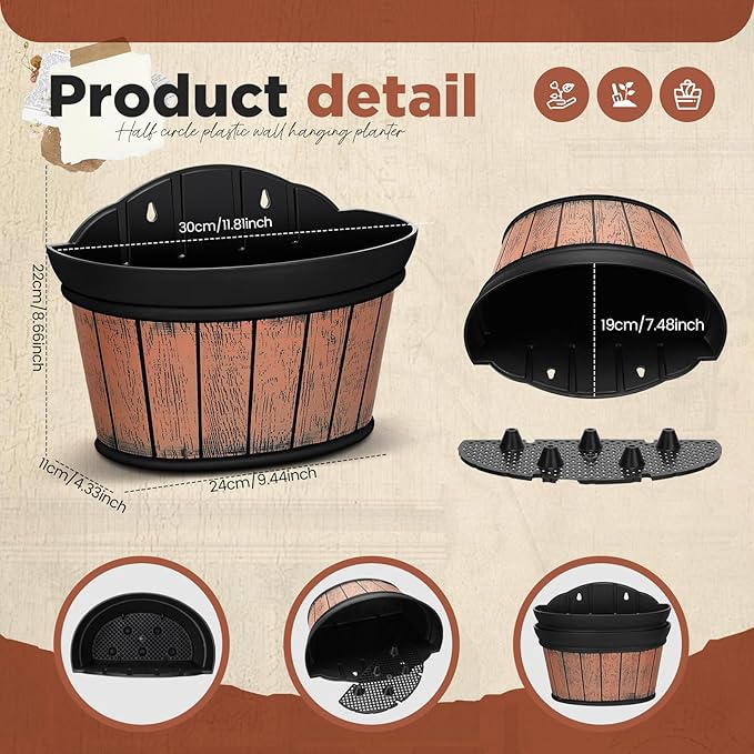 Layhit 6 Pcs Wall Hanging Planters Outdoor Pot Planter Wine Barrel Planter Distressed Oak Thickened Plastic Water Storage Flower Pots for Flower Indoor Outdoor(12 Inches,Brown)