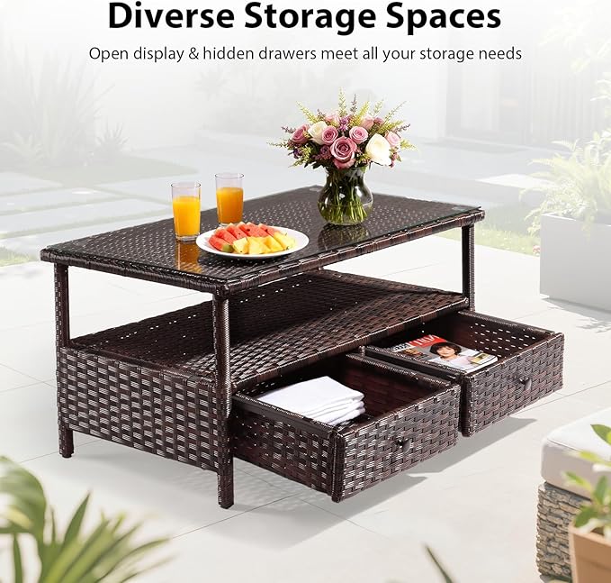 VINGLI Outdoor Wicker Coffee Table with 2 Drawers & Tempered Glass Top, Patio Coffee Table Outdoor Table for Balcony, Porch, Deck