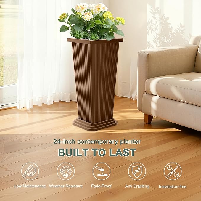 Set of 2 Large Planters for Outdoor Plants 24" Tall Tapered Modern Flower Pots with Drainage Tray for Garden, Patio, Porch (Brown Ribbed)