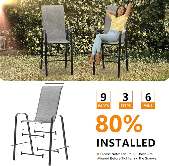 VINGLI Outdoor Bar Chairs Set of 8 – Stackable Outdoor Bar Stools with Sturdy Sling High Back and Armrests for Lawn, Courtyard, Garden, Bar, Silver Gray