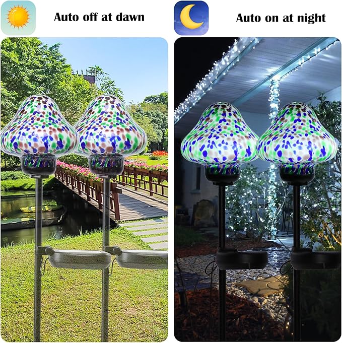 Solar Outdoor Lights Decorative Solar Glass Mushroom Lights Waterproof LED Waterproof Garden Stake Light for Walkway Pathway Lawn Patio Yard Decorations 2 Pack Multi
