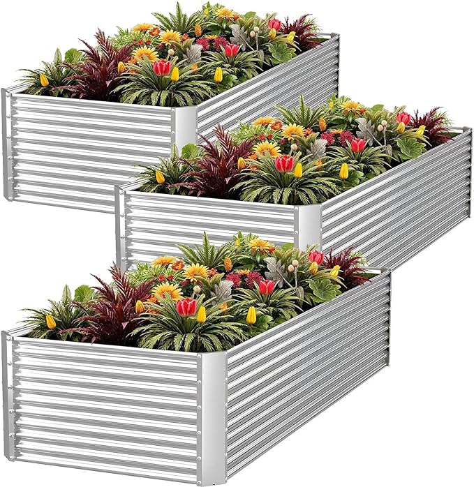 FRIZIONE 3pcs Tall 4x2x1.5ft Galvanized Raised Garden Bed Outdoor,Steel Garden Bed for Vegetables,Above Ground Garden Box for Flower,Metal Raised Beds for Gardening