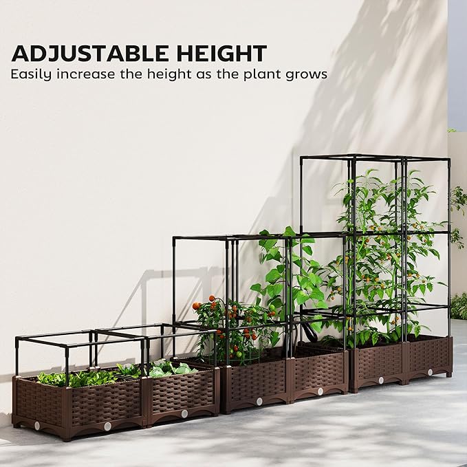 Outsunny Raised Garden Bed with Trellis, 46.5" Tomato Cage with Crop Cage, Self Watering Planter Box with Drainage Holes and Plugs for Outdoor Patio Climbing Plants, Vines, Vegetables, Flowers, Green