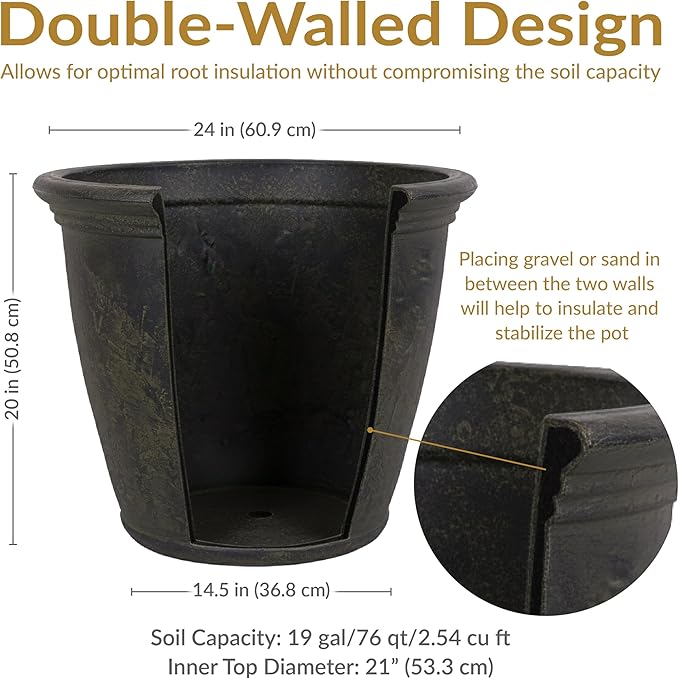 Sunnydaze 24-Inch Anjelica Large Plastic Pot for Plants - Outdoor Double-Walled Large Plastic Planter with Drillable Drainage Holes - Sable - 2pk