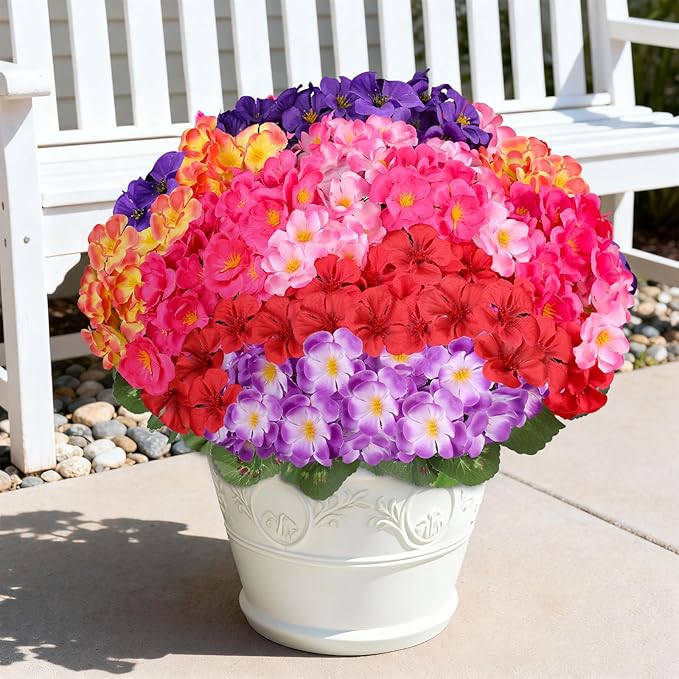 Artificial Geraniums Flowers for Outdoors, 6 Bundles Realistic Silk Fake Geranium, No Fade Faux Plants for Hanging Baskets, Window Boxes, Pots - Porch, Patio, Garden Decor(6 Color)