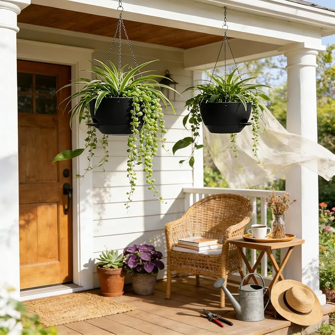 13 Inch 2 Pack Large Self Watering Hanging Planters for Indoor Outdoor Plants, Hanging Plant Pots with Removable 50 Oz Reservoir, Plastic Hanging Basket for Window Porch Garden Balcony, Black