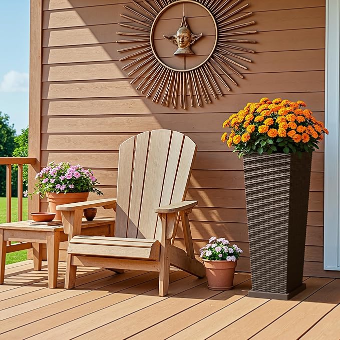 Devoko Resin Tall Planters with Tray for Outdoor Plants Set of 2, Large Taper Outdoor Planter Pots with 4 Drainage Holes, Flower Pots Modern Decor for Porch, Patio, Backyard, Garden(Brown, 32")