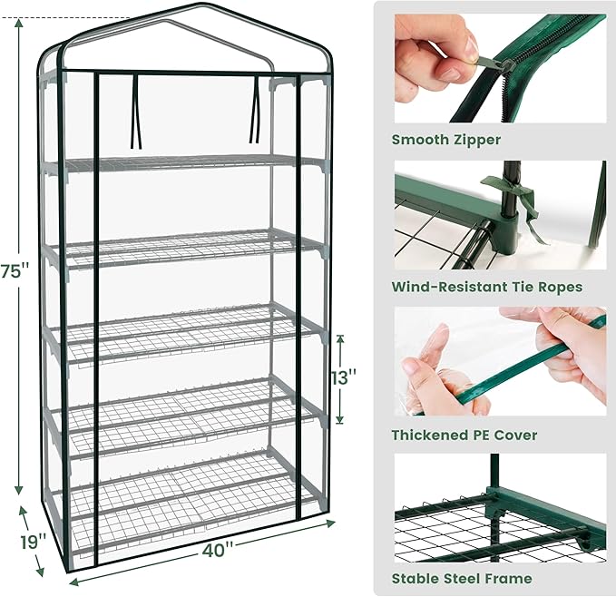Worth Garden 50% Extra Wide Mini Greenhouse 5 Tier Portable Plant Green House 40in Wide -Sturdy Gardening Shelves with PVC Cover - Indoor & Outdoor Wheatgrass Growing - 19″x40″x75″