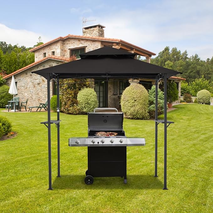 AECOJOY 8' x 5' Outdoor Grill Gazebo, BBQ Canopy for Outdoor Grill, 2- Tier BBQ Grill Gazebo Shelter for Patio, Backyard and More (Black)