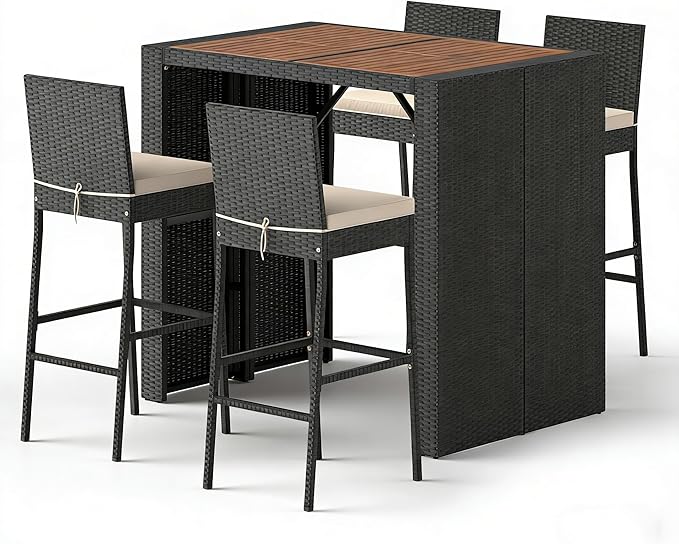 COSTWAY 5 Piece Patio Bar Set, Outdoor Rattan Wicker Bar Table and 30'' High Top Chairs Set with Acacia Wood Tabletop and Cushions for Poolside, Backyard