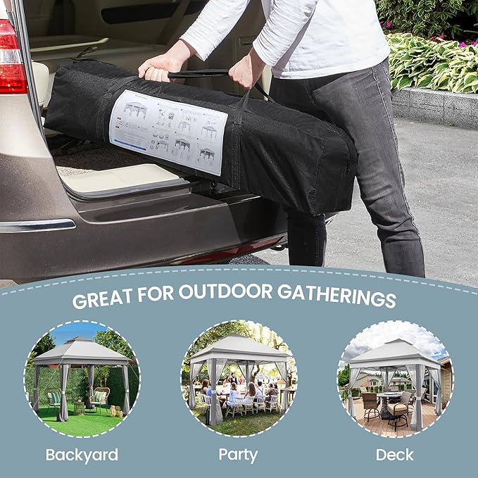 Yaheetech 11x11 Pop Up Gazebo Outdoor Canopy Shelter, Instant Patio Gazebo Sun Shade Canopy Tent with 4 Sandbags, 2 Tiers Roof & Mesh Netting for Lawn, Garden, Backyard & Deck, Gray