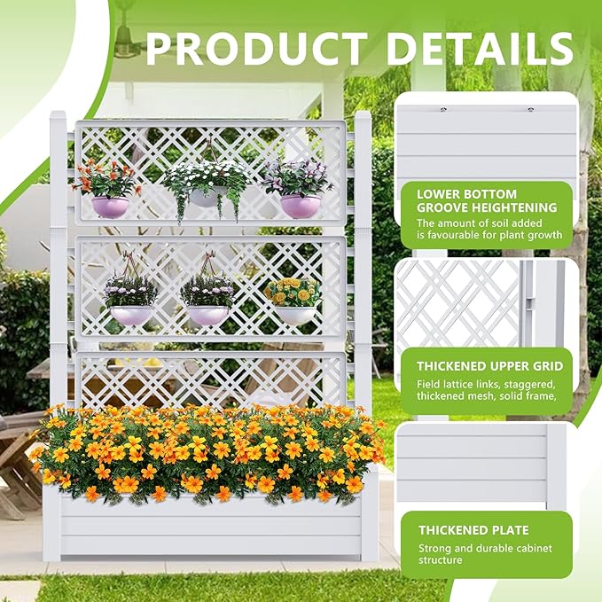 Raised Garden Bed with Trellis for Climbing Plants, 43.43" L x 18.27" W x 59.29" H Planter Box with Self Watering Drainage Holes for Outdoor Backyard Patio Balcony, Anti-Rust Resin (Ashen)