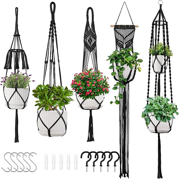 Macrame Plant Hangers, 5Pack Hanging Planters for Indoor Plants w/ 5 Set Hooks Handmade Cotton Rope Hanging Plant Holders Plant Hanger Indoor for Boho Home Decor (Planter Pot Not Included)