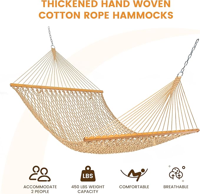 Lazy Daze Hammocks Double Rope Hammock, 2 Person Traditional Outdoor Hand Woven Cotton Rope Hammock with Spreader Bar, Carabiners, Tree Straps, Chains for Patio Yard - Max 450 Lbs, Tan