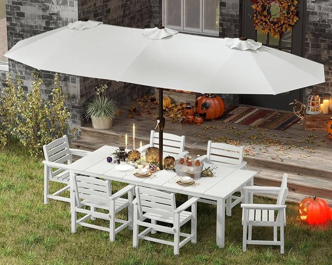 7-Piece White Outdoor Dining Set for 6, 75.2'' HDPE Table with Umbrella Hole & Chairs, Weather-Resistant Patio Furniture for Garden, Lawn, or Poolside