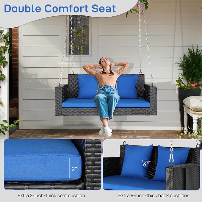 Outvita Porch Swing 2 Person Hanging Bench, Wicker Outdoor Swing Bench with Cushion and Pillow for Patio, Yard, Garden Hold Up to 800 lbs (Blue)
