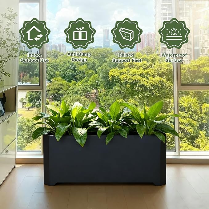 Steel Planter Box-36"x15"x15"-Large Rectangular Planters for Outdoor Plants, Black Matel Planter Box Raised Support Feet for Patio, Deck, Garden, Yard, Drain Holes, Easy Assembly
