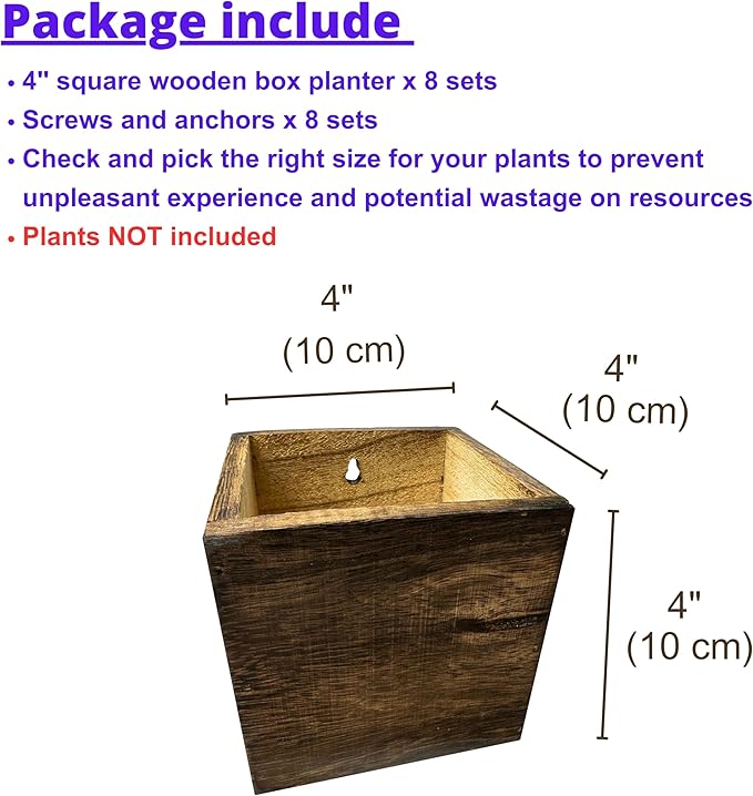 LaLaGreen Wood Planter Boxes for Plants (4x4 Inch, 8 Pack) Small Square Wall Mounted Planters for Indoor Plant, Herb Wooden Box Hanging Flower Pot Plant Holder Outdoor Fence Vertical Garden Home Decor