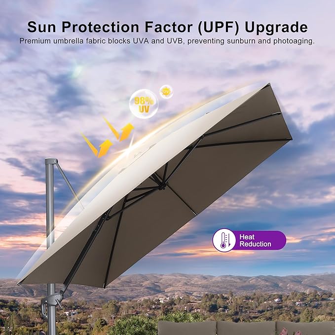 PURPLE LEAF Patio Umbrella 10' X 10' Rectangle Cantilever Umbrella Large Aluminum Outdoor Umbrellas with 360-degree Rotation & UPF40+ Premium Fabric for Deck Pool Garden Yard, Ash Mocha