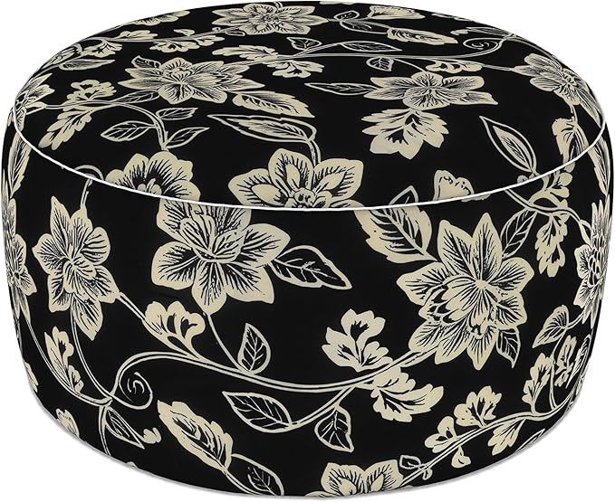 LVTXIII Indoor/Outdoor Extra Large Inflatable Ottoman Pouf D31 x H14 Inch, Round Footstool with Handle, Weather-Resistant Portable Furniture for Patio, Camping, Beach, Elegant Vines Black