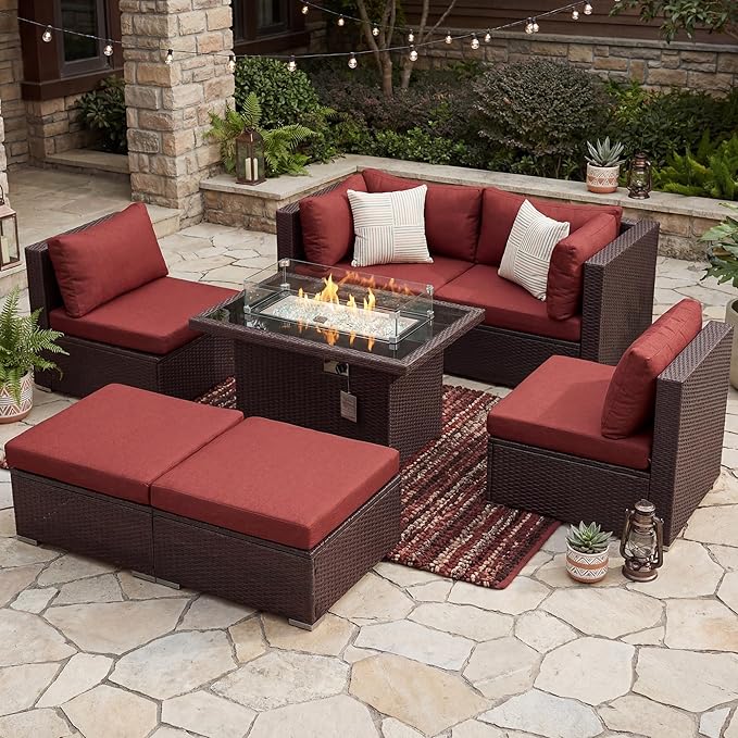 NICESOUL 7 Piece Outdoor Sofa Sectional with Firepit Natural Gas & Propane, Extra Large Patio Furniture Set for Heavy People, Deep Modular Wicker Conversation Sitting, Brown Rattan and Red Cushion