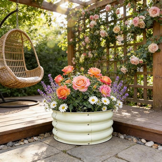 GARDMAX 2 Pack 2x2x1FT Galvanized Round Raised Garden Bed Kit, Metal Planter Boxes Outdoor with Easy Assembly, Large Garden Bed for Vegetables, Fruits, Flower, Herbs Milk White
