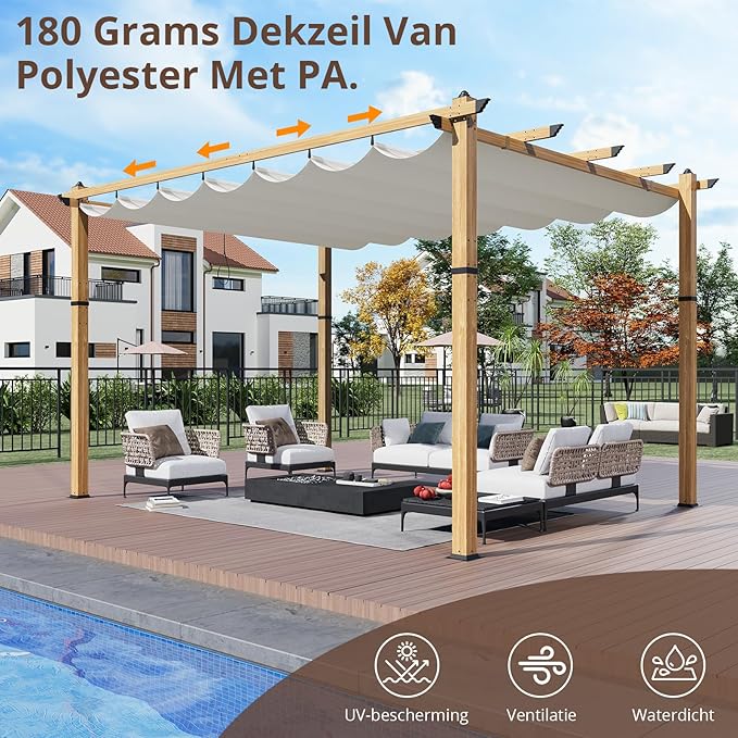 10 x 13 ft Aluminum Pergola with Adjustable Canopy, Outdoor Metal Pergola, Imitation Wood-Grain Sun Shade Shelter for Garden Patio Backyard Deck
