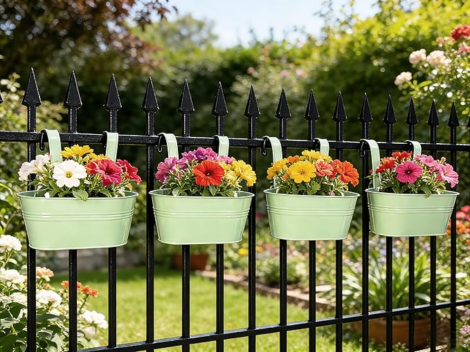 Balcony Hanging Planters Flower Pots, 10" Metal Flower Pots for Outdoor Balcony Rails, Fence Pot Hanging Plant Holders with Detachable Hooks for Garden Patio Yard Decor (Mint Green, 8Pcs)