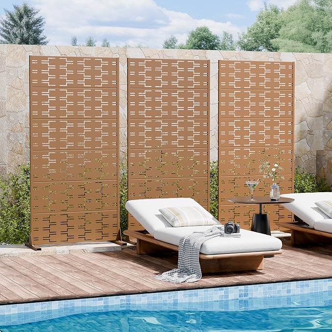 Casaphoria Metal Privacy Screen Outdoor, 72" H x 35" W Freestanding Decorative Privacy Screen for Patio Deck Balcony Garden with Stable Base, Brown-Brick
