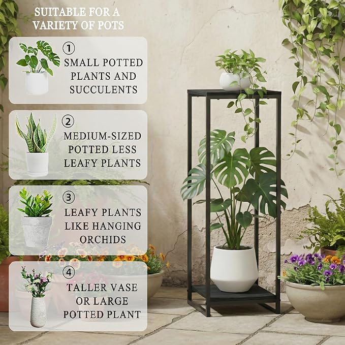 34" Tall Plant Stand Indoor, 2-Tier Modern Plant Shelf, Corner Flower Pot Holder Organizer for Living Room Balcony Patio Garden (Black)