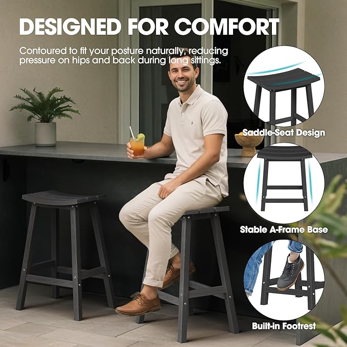 Ciokea 3 Pcs Outdoor Bar Height Table and Stools Set, 60" Extra Long Rectangle High Top Table and 2 Backless Bar Stools, Heavy-Duty All-Weather HDPE Patio Bar Set for Backyard Balcony Deck, Black