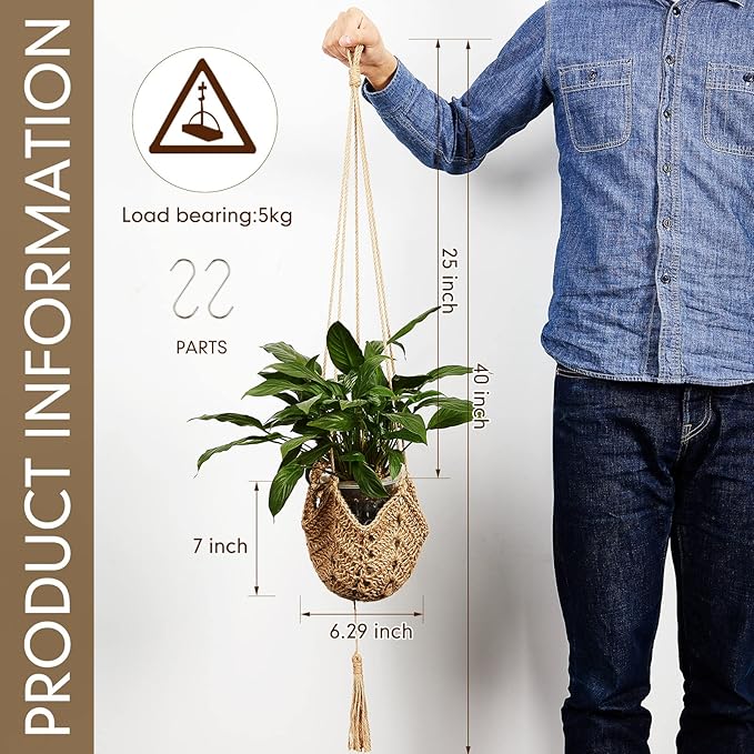 Shappy 2 Pack Jute Crochet Long Plant Hanger for 3 Inch to 12 Inch Pots, Macrame Plant Holder Rope with S Shaped Hooks for Halloween Home Decor (Brown)