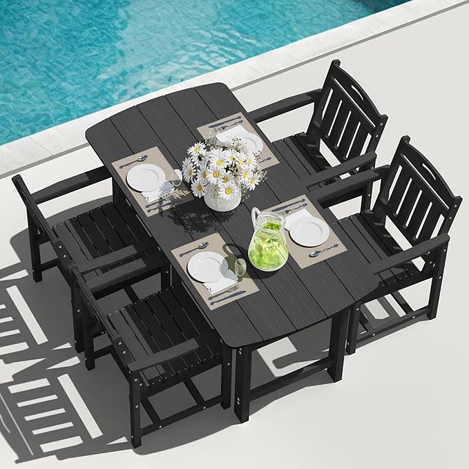 HDPE Outdoor Patio Dining Set with Table & 4 Chairs, All-Weather 5-Piece Outdoor Table and Chairs, 2" Umbrella Hole, Patio Furniture for Garden, Backyard, Deck | Matte Black