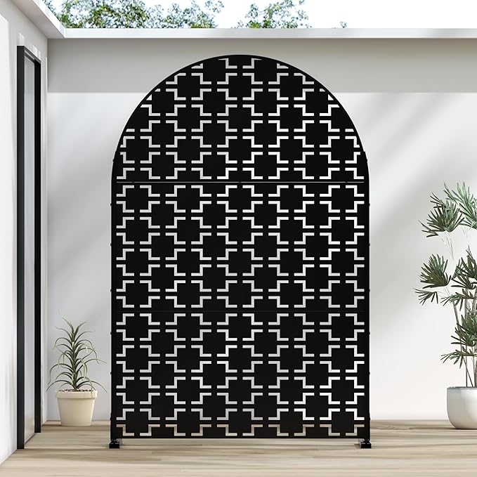 Casaphoria 72" H x 47" W Arched Metal Privacy Screen - Elegant Freestanding Outdoor Screen for Deck, Patio & Balcony - Versatile Decorative Privacy Panels for Home & Garden Use (Black-Square)