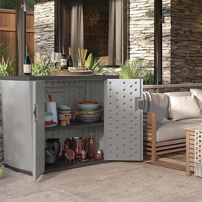 Suncast 130-Gallon Backyard Oasis Basic Unit Lockable Outdoor Storage Cabinet, Peppercorn, Made in the USA