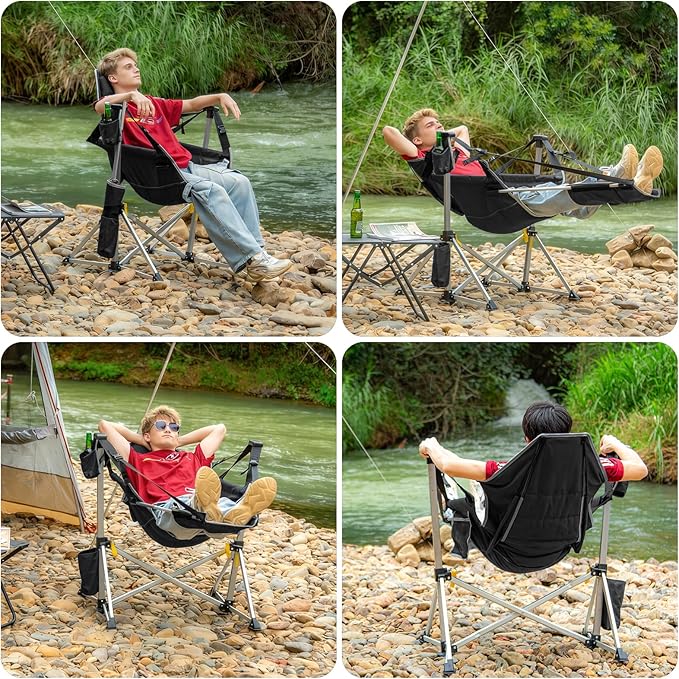 Romswi 2-Pack Aluminum Hammock Chair with Footrest, Oversized Portable Folding Swinging Chair with Adjustable Back & Seat, Lightweight Rocking Camp Chair Supports 440lbs for Outdoor, Patio - Black