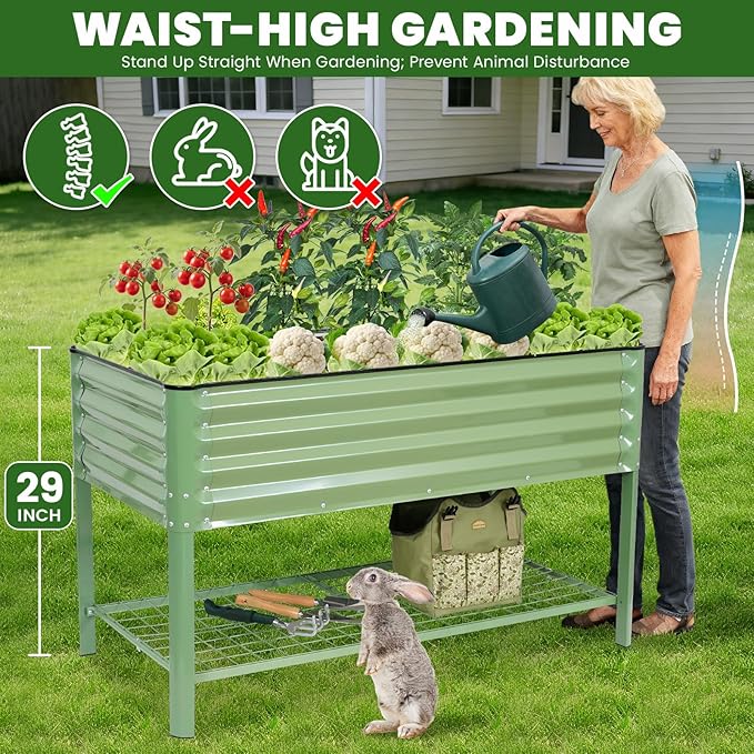 Elevated Raised Garden Bed 2' x 4'- Galvanized Metal Planter Boxes with Legs & Storage Rack, Outdoor Planters for Backyard/Patio/Balcony, with Drainage Holes for Vegetables, Flowers, Herbs, Green