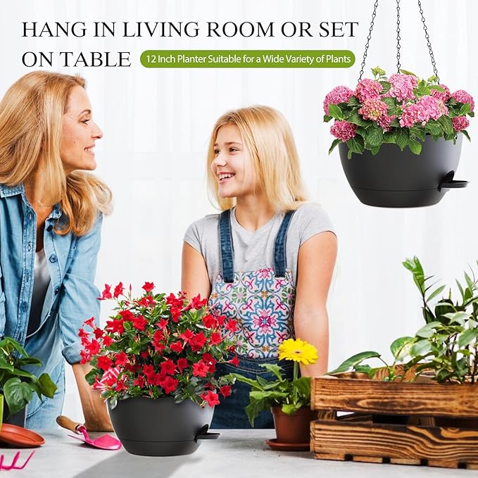 12 Inch Hanging Baskets 2 PC with Chains, Self-Watering Hanging Planters for Indoor Outdoor Plants, Plastic Hanging Flower Pots,Black