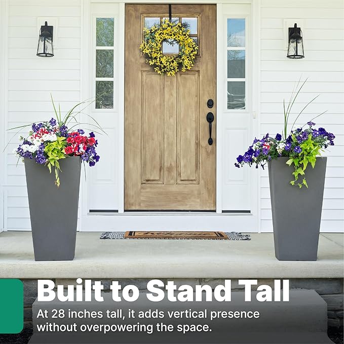 Step2 Tremont Tall Square Tapered Planter, 28", Indoor/Outdoor Plants, Efficient Drainage, Durable Resin, Dark Cedar