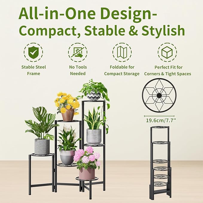 6 Tier Metal Plant Stands Outdoor Indoor, Heavy Duty Flower Pot Holder Potted Display Rack Shelf, Tall Corner Plant Shelf for Patio Garden Balcony Living Room Bedroom -BlackDiamond