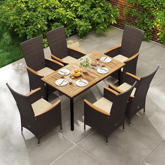 Tangkula 7 Pieces Rattan Outdoor Dining Set for 6, Outdoor Acacia Wood Table Set with 6 Cushioned Wicker Chairs, Umbrella Hole, Patio Dining Furniture Set for Deck Pool Backyard