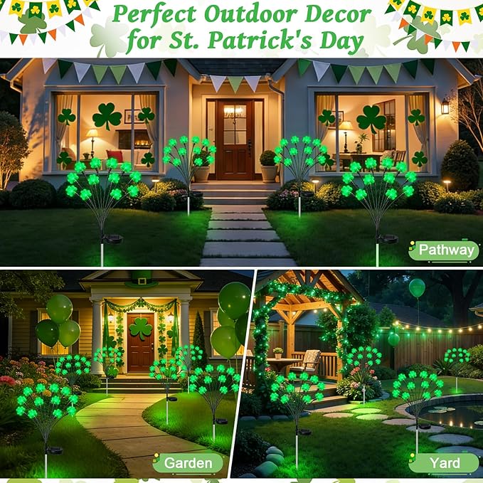 HELESIN St Patricks Day Decorations, 4 Pack St Patricks Day Outdoor Solar Lights with 2 Modes, Waterproof Shamrock Lucky Green Solar Stake Tree Lights for Yard Pathway Lawn Decorations