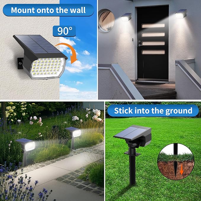 Solar Spot Lights Outdoor 2 Pack, [46 LED/3 Modes] Solar Landscape Spotlights Waterproof, 2-in-1 Auto On/Off Solar Powered Lights for Outside Yard Garden Wall Pathway(Cool White)