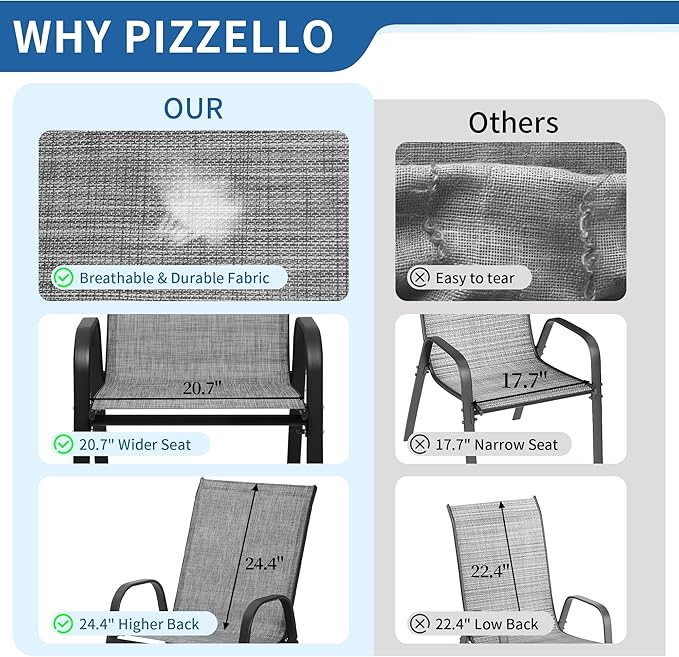 PIZZELLO Patio Chairs Set of 4, Outdoor Stackable Dining Chairs for All Weather, Lightweight Textilene Outdoor Chair Sets with Armrests, 330Lbs Capacity, for Backyard Porch Poolside Garden (Grey)