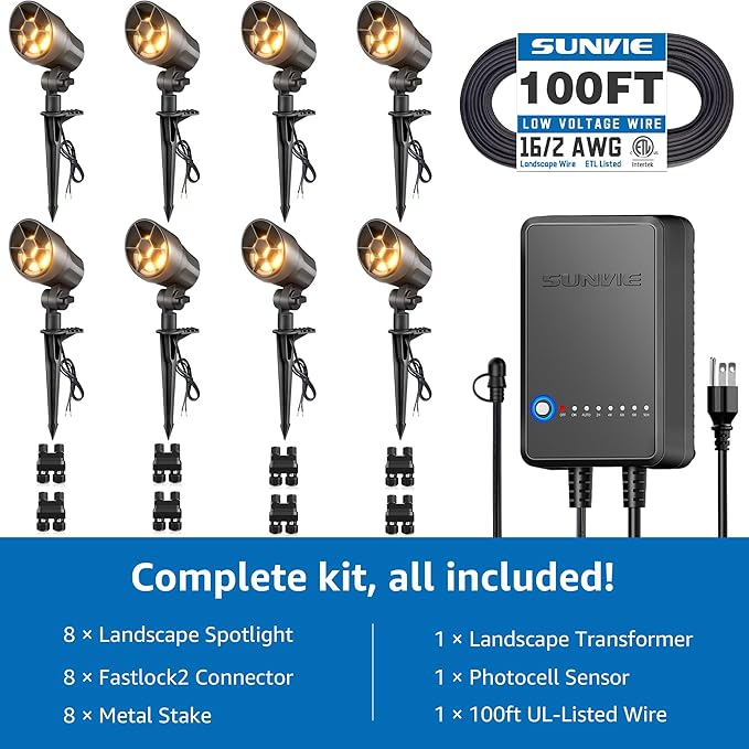 SUNVIE All-in-One Low Voltage Landscape Lighting Kit, 6W Landscape Lights Wired Aluminum 3000K with Transformer 100FT Wire, 12-24V Waterproof Outdoor Spotlight for Garden Yard House Tree, 8 Pack
